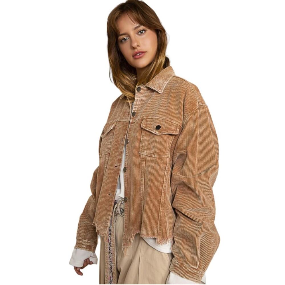POL Frayed Hem Corduroy Trucker Brown Jacket - 100% Cotton - Women's Small